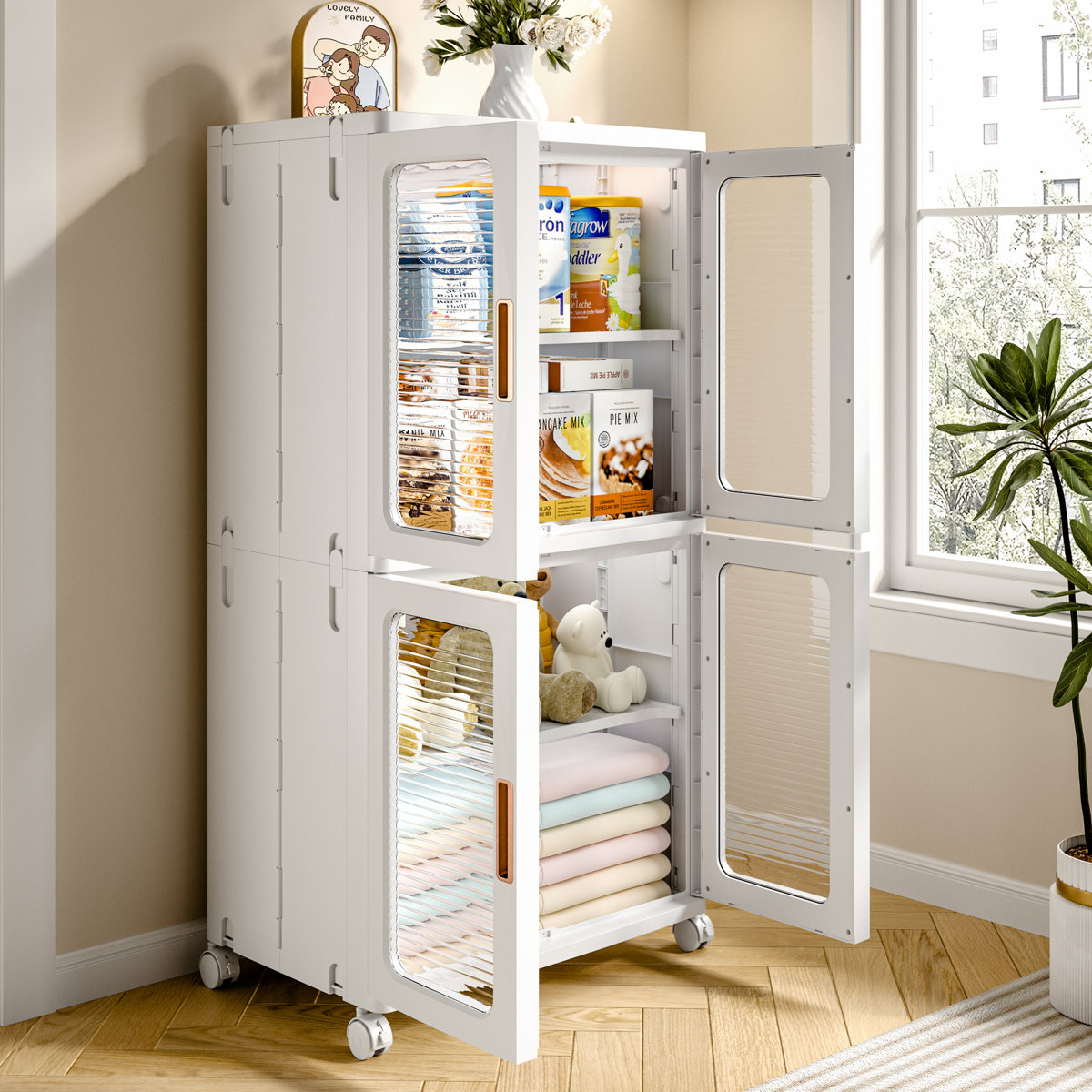 2-Tier Stackable Storage Bin With Doors And Adjustable Shelves Rolling Plastic Folding Storage Cabinet Collapsible Closet For Home Dorms Organizer